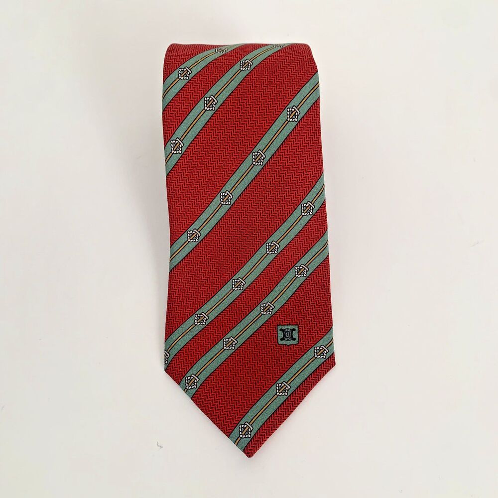 Vintage Celine Paris Silk Necktie Red Base with Chain-Link Stripe Motif